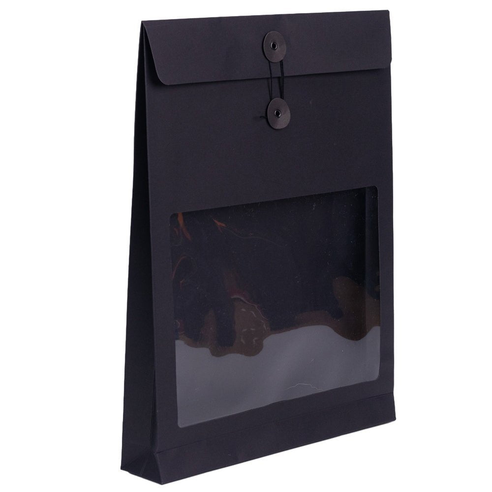 Pungă stand up cu fereastră și închidere cu sfoară - negru (set 10 buc) 36x27x5cm - CraftUp
