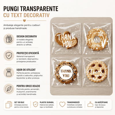 Pungi adezive cu print Thank You - transparent (set 50 buc) - CraftUp