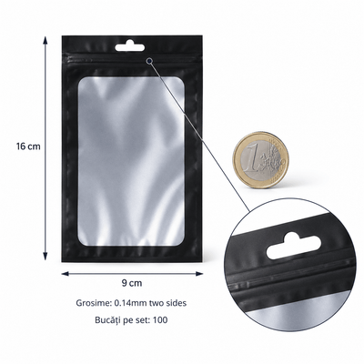 Pungi aluminiu cu fereastră și agățătoare - negru (set 100 buc) - CraftUp