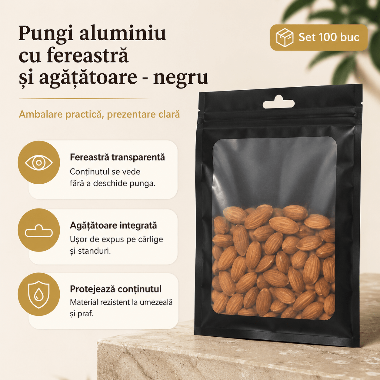 Pungi aluminiu cu fereastră și agățătoare - negru (set 100 buc) - CraftUp
