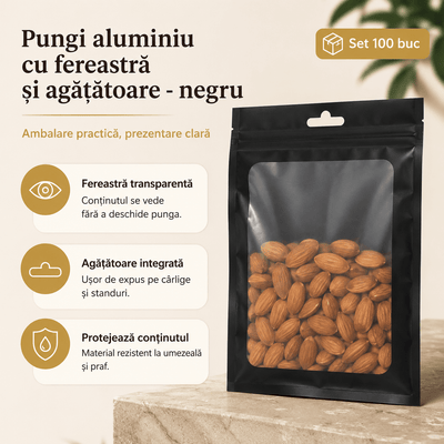 Pungi aluminiu cu fereastră și agățătoare - negru (set 100 buc) - CraftUp