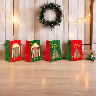 Pungi cadou Crăciun fericit cu fereastră mix 4 tipare diferite - model 10 (set 12 buc) - CraftUp