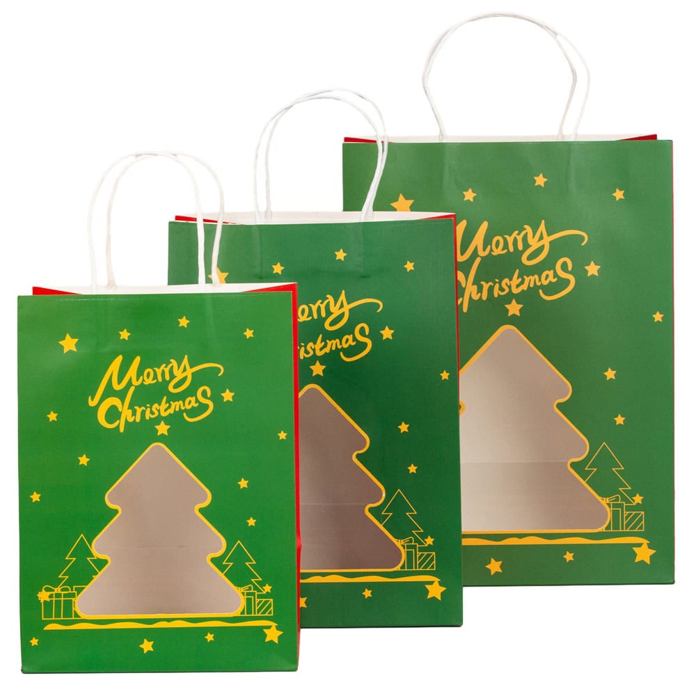 Pungi cadou Crăciun fericit cu fereastră mix 4 tipare diferite - model 10 (set 12 buc) - CraftUp