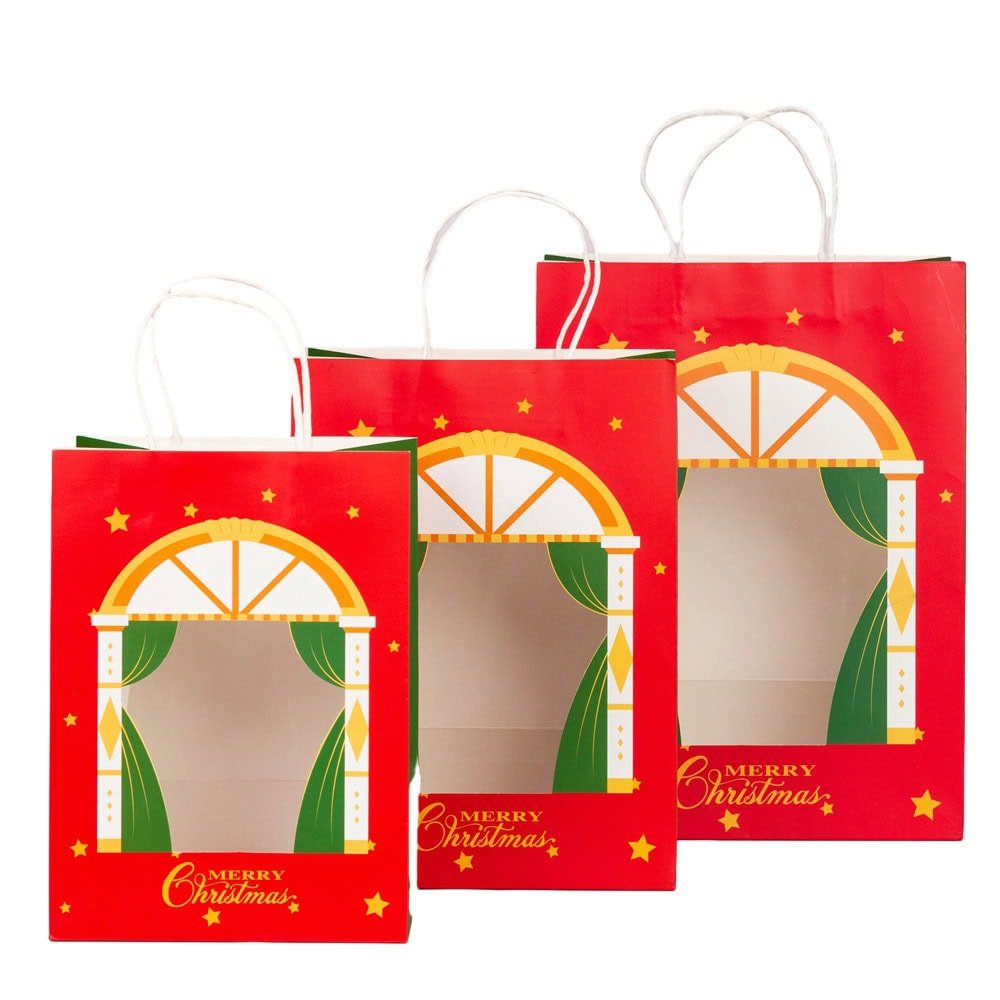 Pungi cadou Crăciun fericit cu fereastră mix 4 tipare diferite - model 10 (set 12 buc) - CraftUp