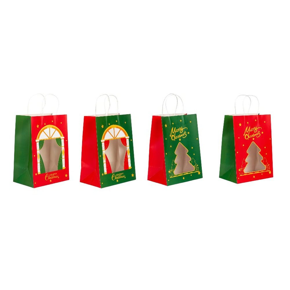 Pungi cadou Crăciun fericit cu fereastră mix 4 tipare diferite - model 10 (set 12 buc) - CraftUp