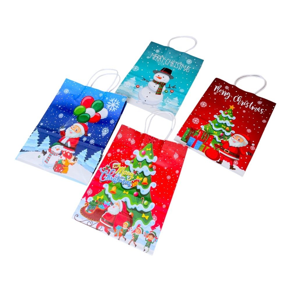 Pungi cadou Crăciun hârtie kraft mix 4 modele - model 6 A venit Moșul (set 12 buc) - CraftUp
