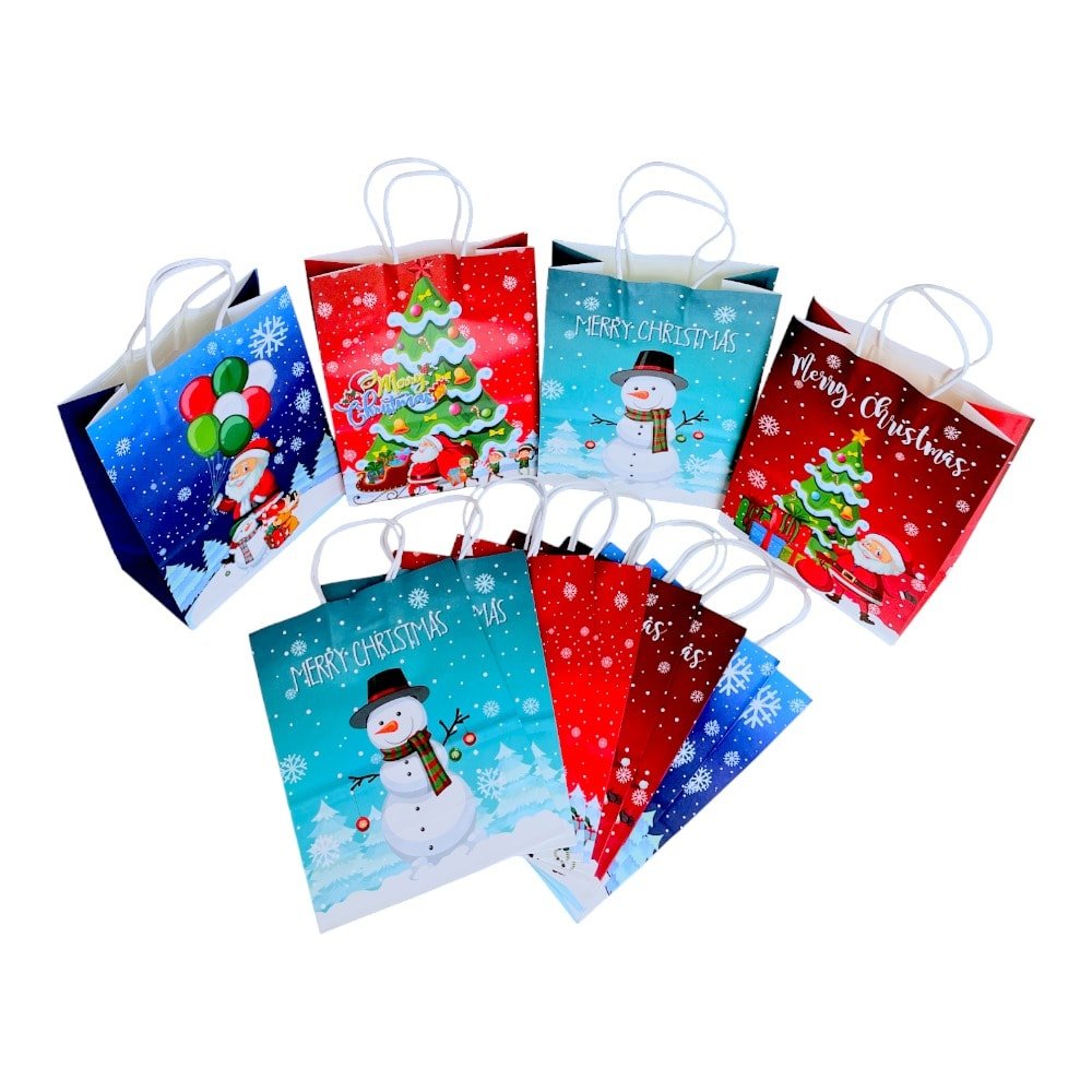 Pungi cadou Crăciun hârtie kraft mix 4 modele - model 6 A venit Moșul (set 12 buc) - CraftUp