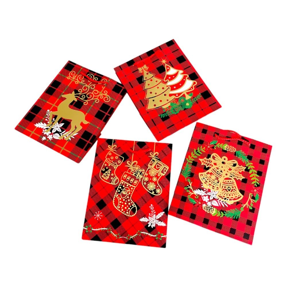 Pungi cadou Crăciun mix 4 modele - model 8 carouri (set 12 buc) - CraftUp