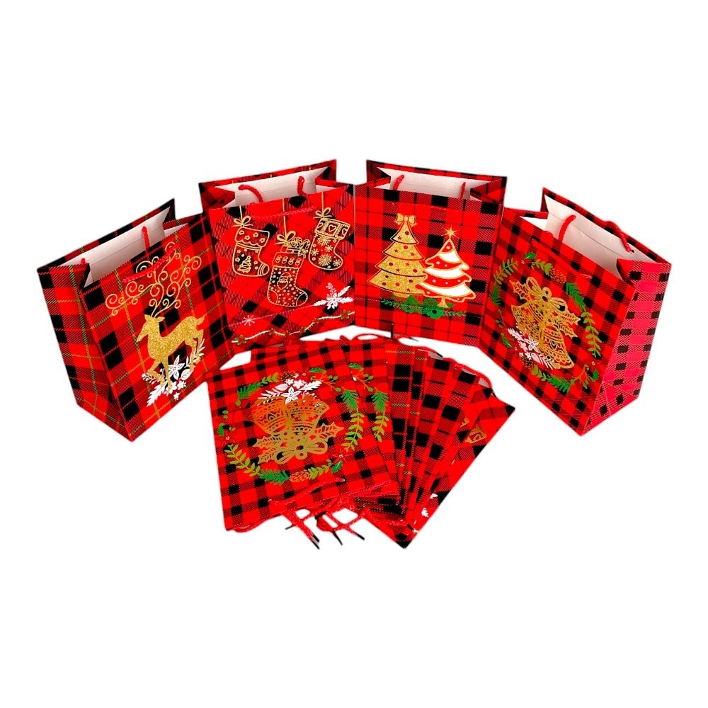 Pungi cadou Crăciun mix 4 modele - model 8 carouri (set 12 buc) - CraftUp