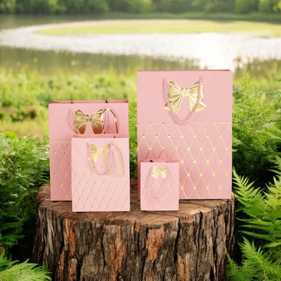 Pungi cadou cu mâner model fundă și romburi aurii 15x12x7cm - roz (set 12 buc) - CraftUp