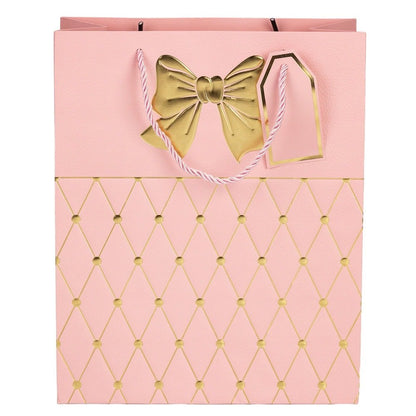 Pungi cadou cu mâner model fundă și romburi aurii 18x23x10cm - roz (set 12 buc) - CraftUp
