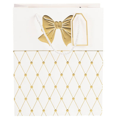 Pungi cadou cu mâner model fundă și romburi aurii 26x32x12cm - alb (set 12 buc) - CraftUp