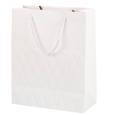 Pungi cadou cu mâner model fundă și romburi aurii 26x32x12cm - alb (set 12 buc) - CraftUp