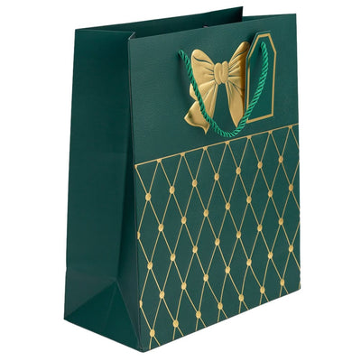 Pungi cadou cu mâner model fundă și romburi aurii 26x32x12cm - verde închis (set 12 buc) - CraftUp