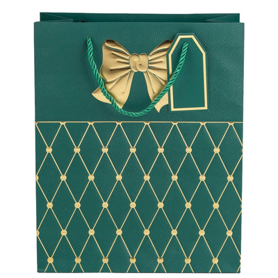 Pungi cadou cu mâner model fundă și romburi aurii 26x32x12cm - verde închis (set 12 buc) - CraftUp
