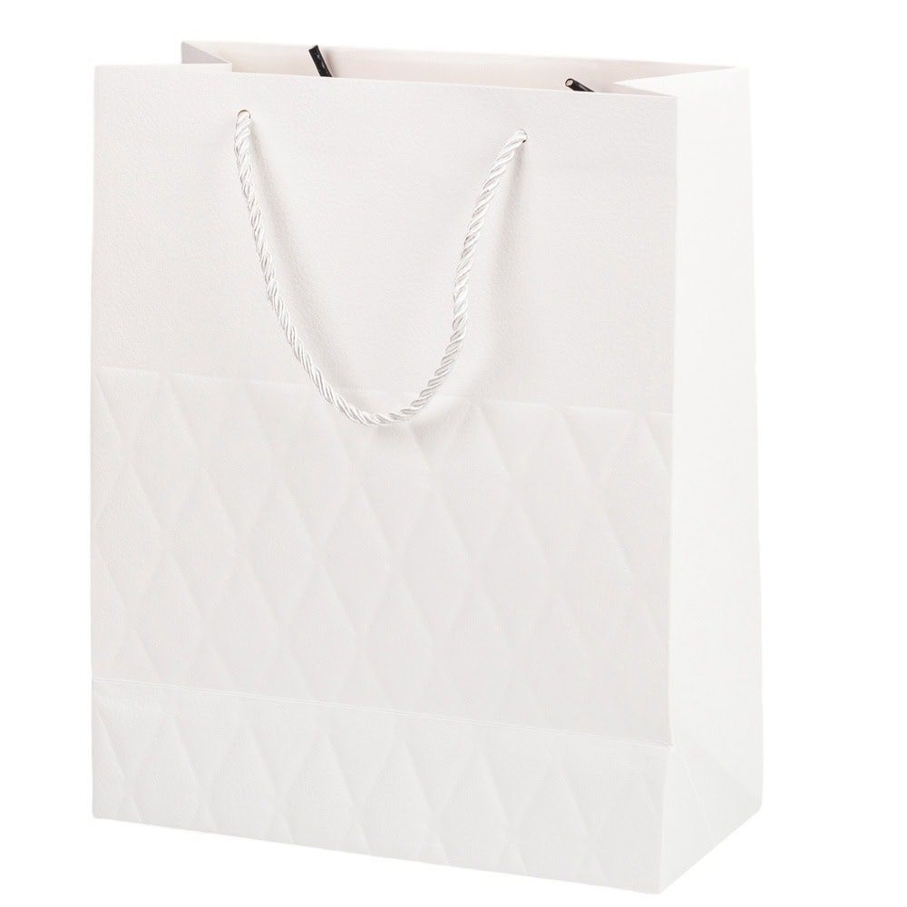 Pungi cadou cu mâner model fundă și romburi aurii 31x42x12cm - alb (set 12 buc) - CraftUp
