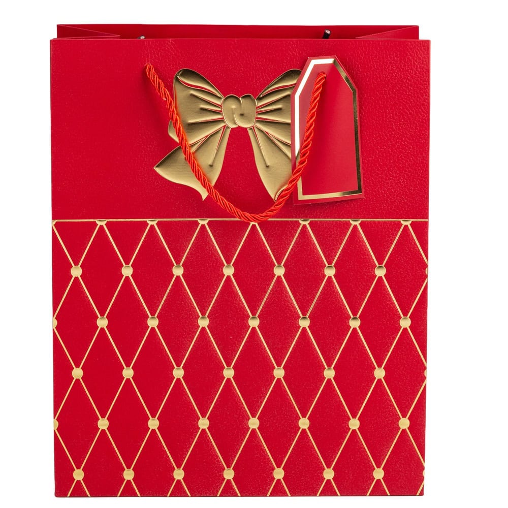 Pungi cadou cu mâner model fundă și romburi aurii 31x42x12cm - roșu (set 12 buc) - CraftUp