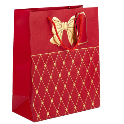 Pungi cadou cu mâner model fundă și romburi aurii 31x42x12cm - roșu (set 12 buc) - CraftUp