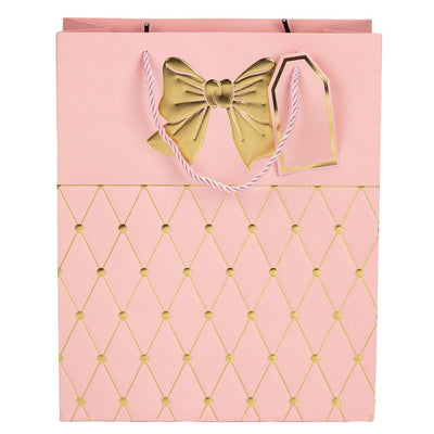 Pungi cadou cu mâner model fundă și romburi aurii 31x42x12cm - roz (set 12 buc) - CraftUp