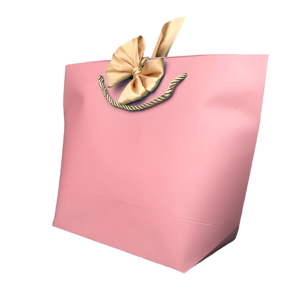 Pungi cadou cu mâner și fundă aurie - roz (set 12 buc) - CraftUp