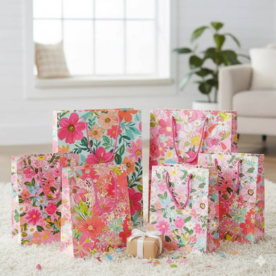 Pungi cadou cu model floral și dungă aurie, mix 4 modele (set 12 buc) - CraftUp