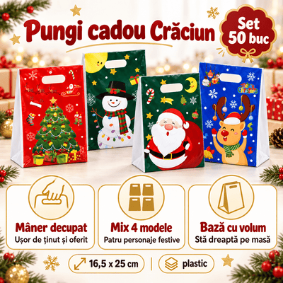 Pungi cadou de Crăciun cu mâner și personaje - mix 4 modele (set 50 buc) - CraftUp