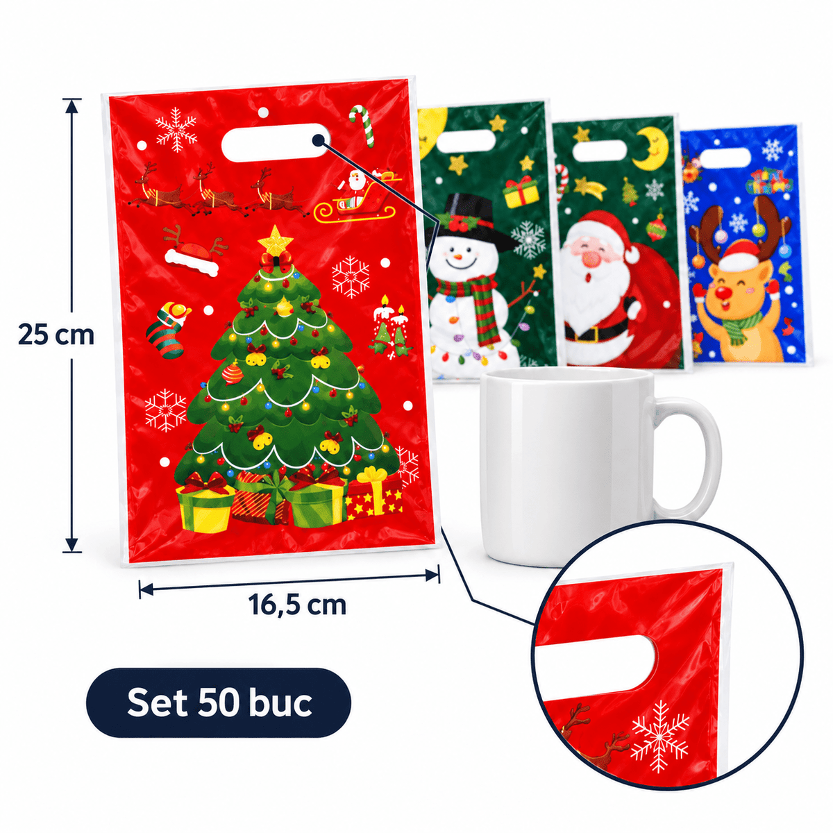 Pungi cadou de Crăciun cu mâner și personaje - mix 4 modele (set 50 buc) - CraftUp