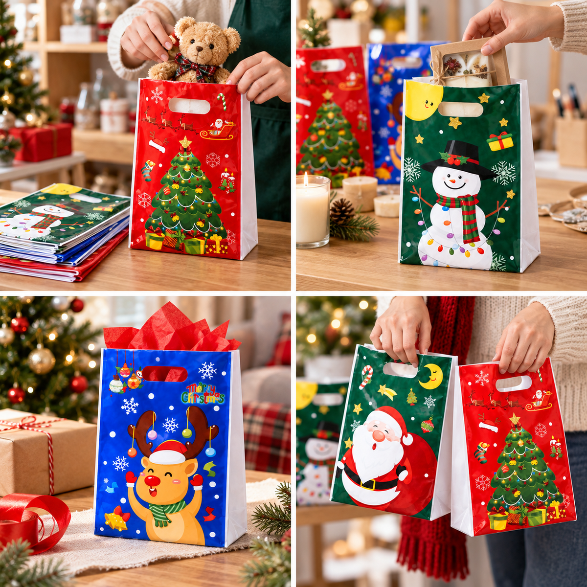 Pungi cadou de Crăciun cu mâner și personaje - mix 4 modele (set 50 buc) - CraftUp