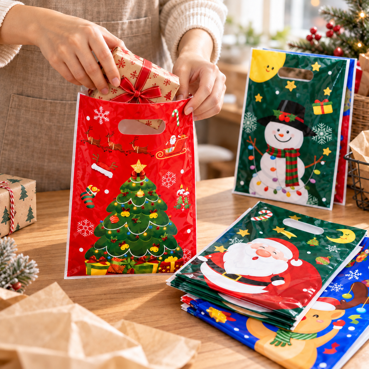 Pungi cadou de Crăciun cu mâner și personaje - mix 4 modele (set 50 buc) - CraftUp