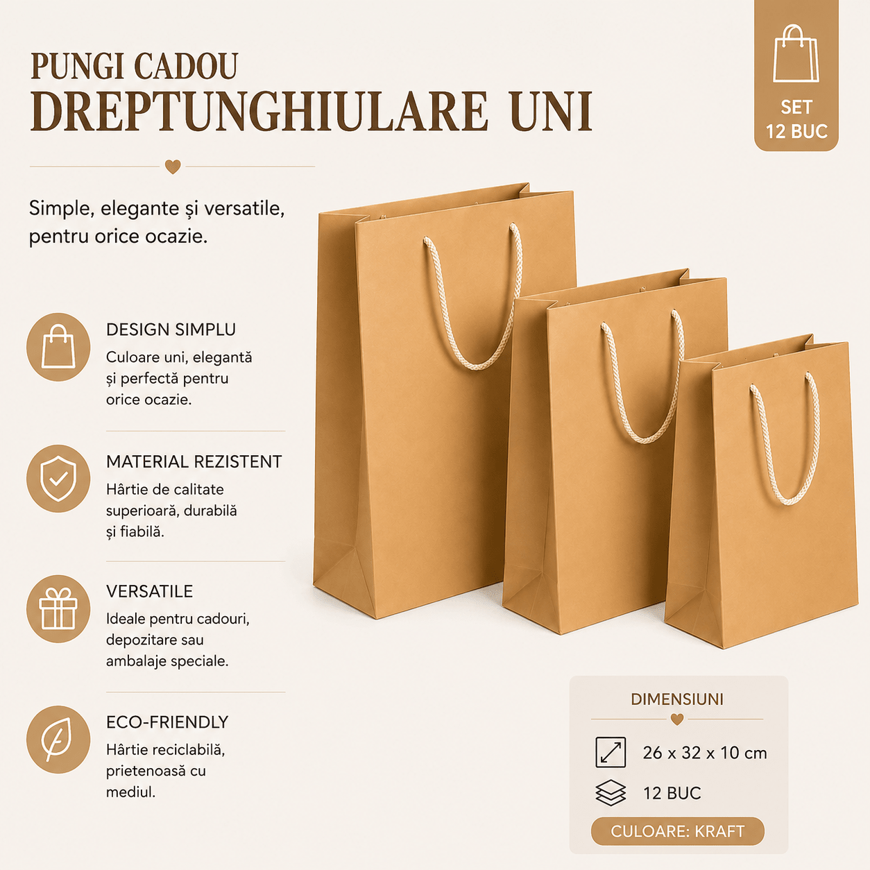 Pungi cadou dreptunghiulare uni - auriu (set 12 buc) - CraftUp