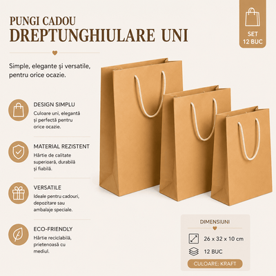 Pungi cadou dreptunghiulare uni - auriu (set 12 buc) - CraftUp