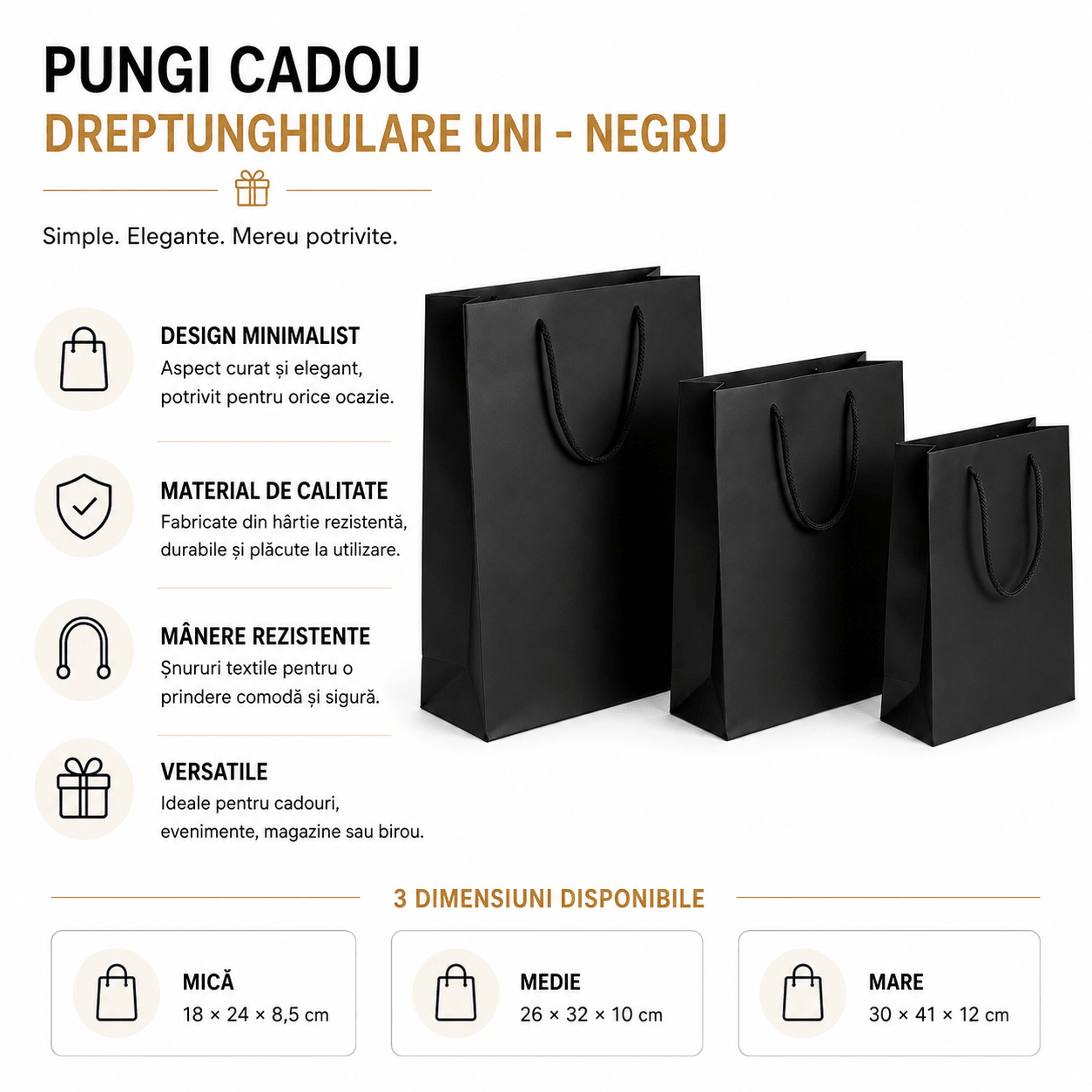 Pungi cadou dreptunghiulare uni - negru (set 12 buc) - CraftUp
