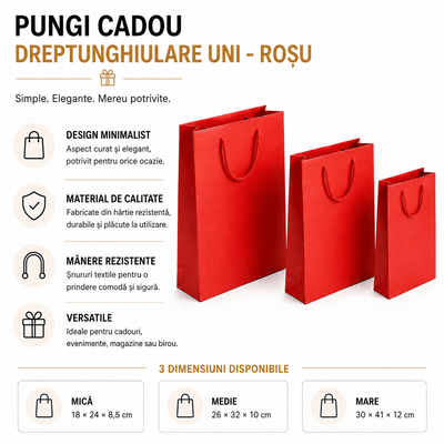 Pungi cadou dreptunghiulare uni - roșu (set 12 buc) - CraftUp