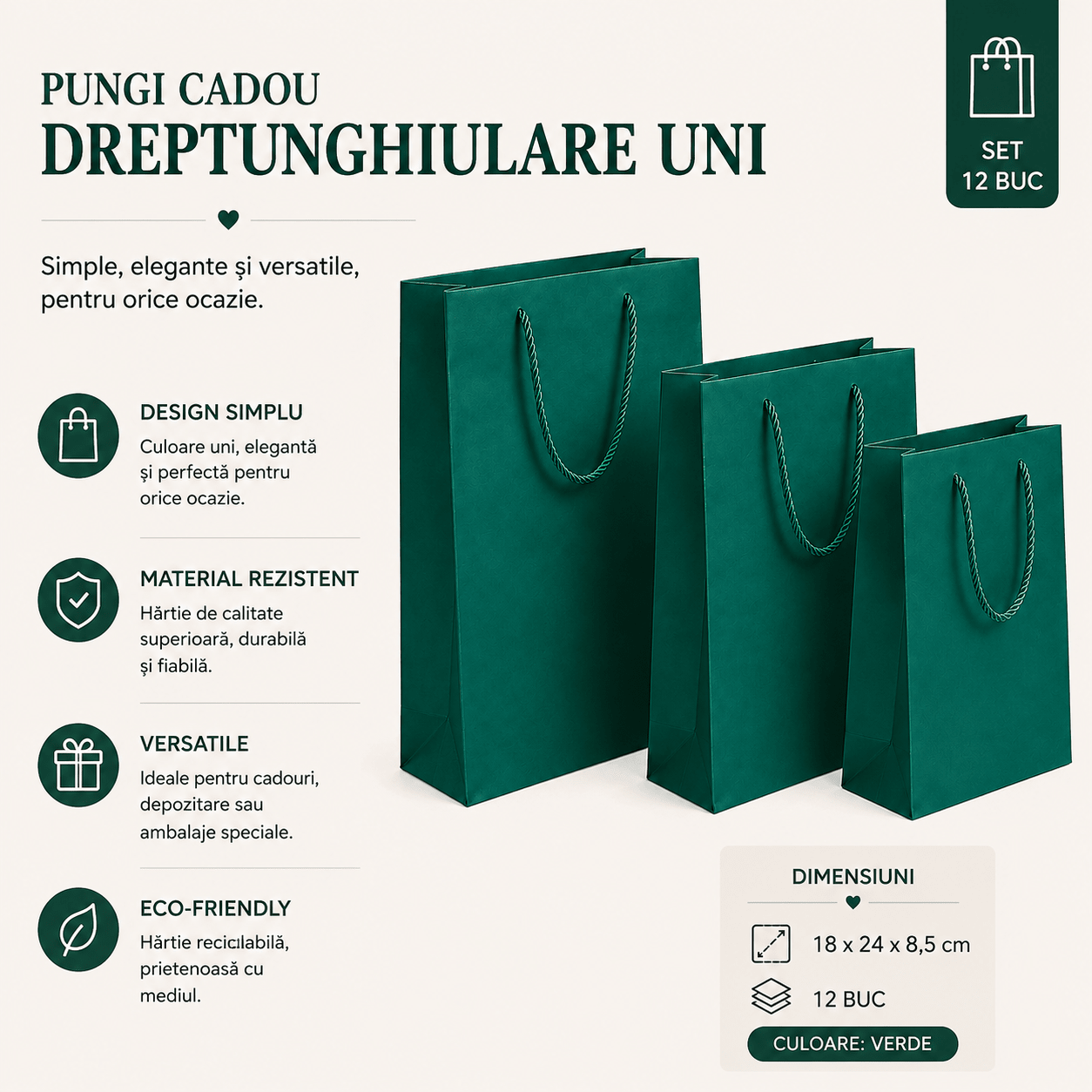 Pungi cadou dreptunghiulare uni - verde (set 12 buc) - CraftUp