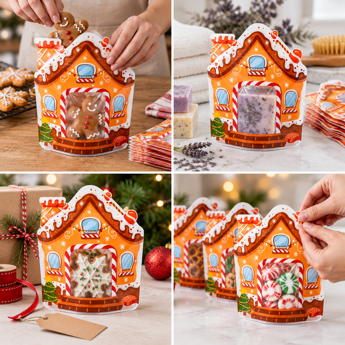 Pungi Crăciun formă căsuță turtă dulce, cu fereastră și fermoar - multicolor (set 50 buc) - CraftUp