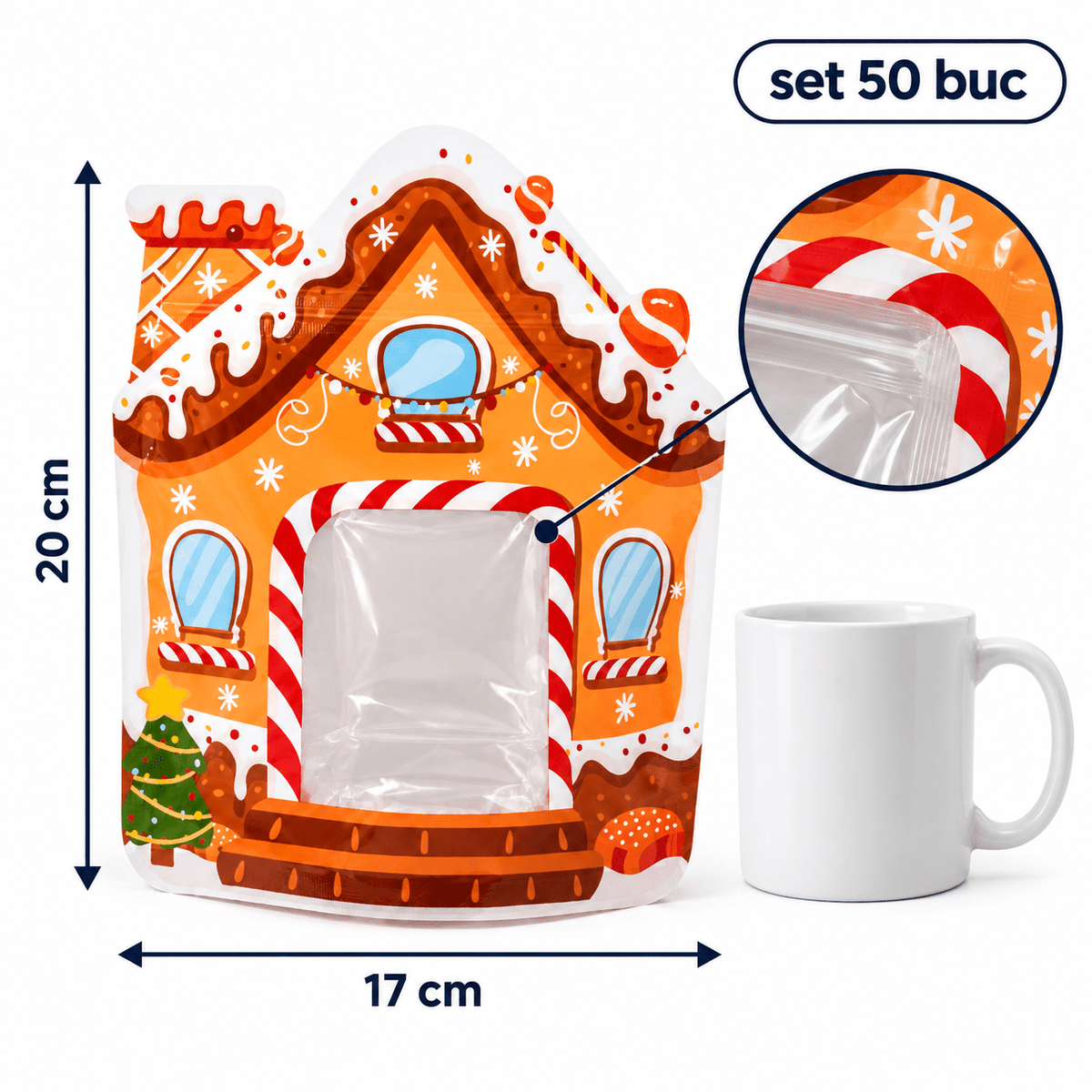 Pungi Crăciun formă căsuță turtă dulce, cu fereastră și fermoar - multicolor (set 50 buc) - CraftUp