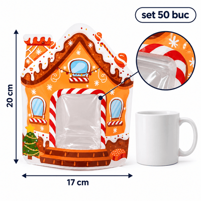 Pungi Crăciun formă căsuță turtă dulce, cu fereastră și fermoar - multicolor (set 50 buc) - CraftUp