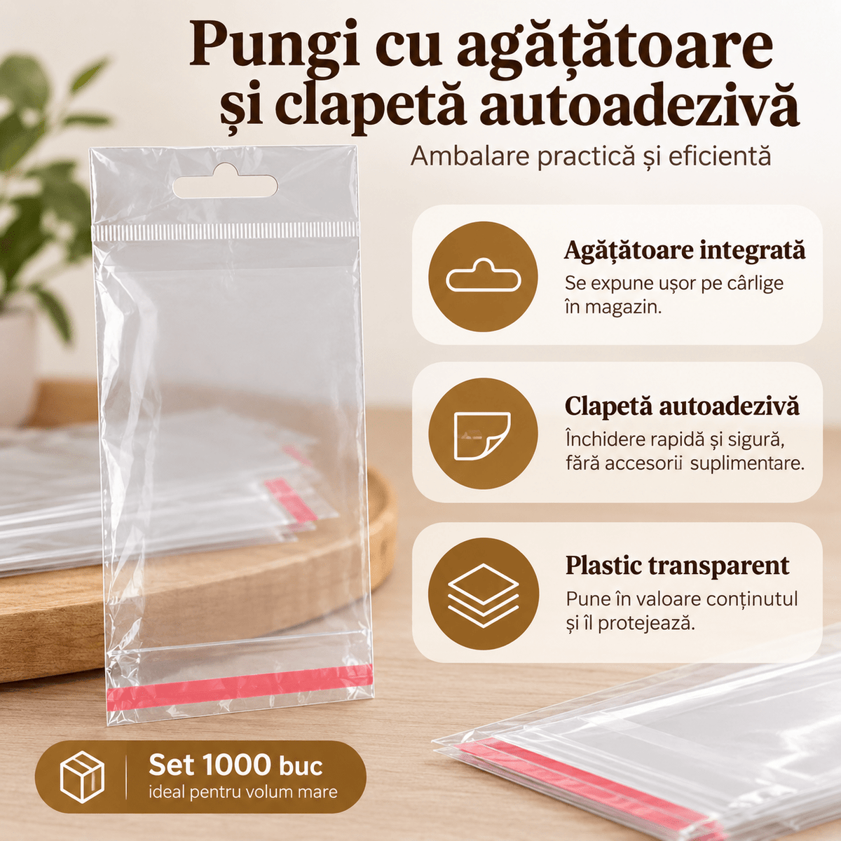Pungi cu agățătoare și clapetă adezivă - transparent (set 1000 buc) - CraftUp