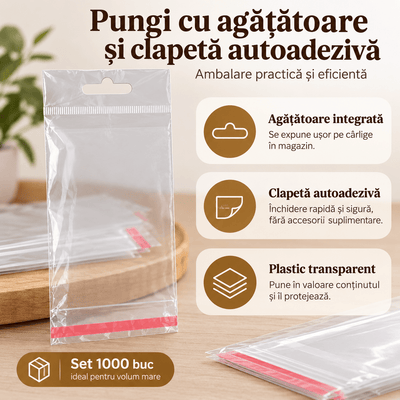Pungi cu agățătoare și clapetă adezivă - transparent (set 1000 buc) - CraftUp