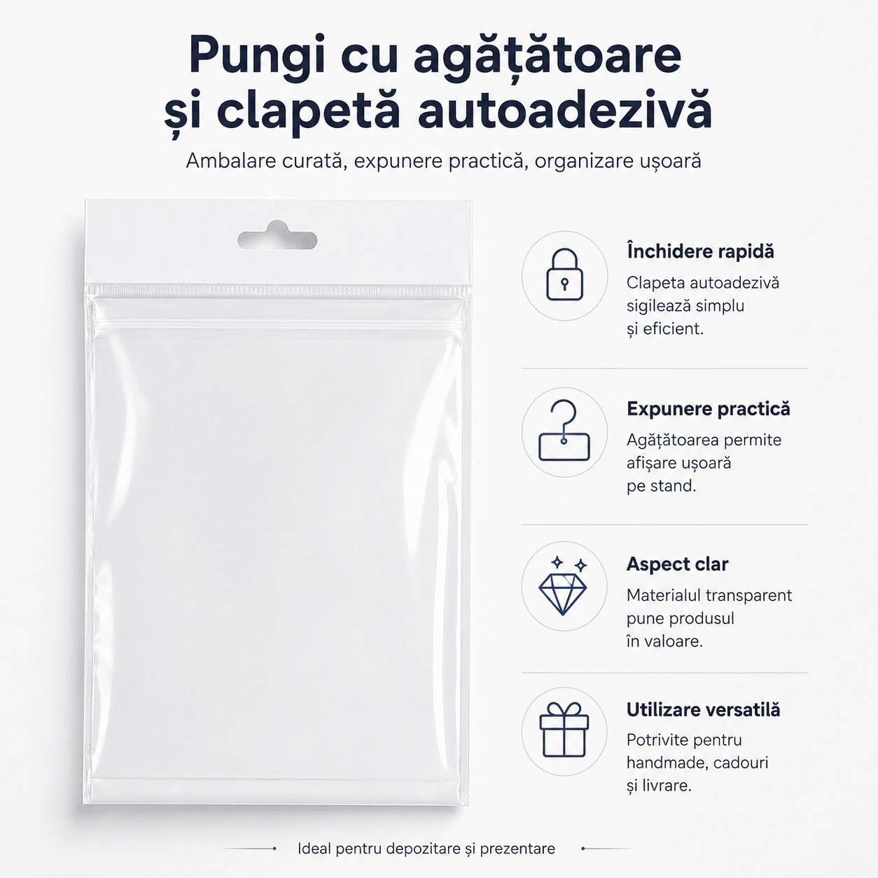 Pungi cu agățătoare și clapetă adezivă - transparent (set 1000 buc) - CraftUp