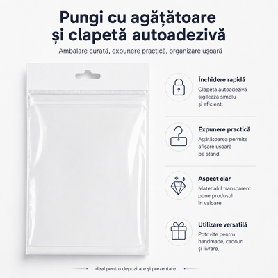 Pungi cu agățătoare și clapetă adezivă - transparent (set 1000 buc) - CraftUp
