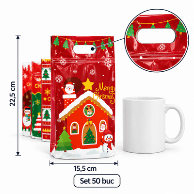 Pungi de Crăciun cu mâner decupat și fermoar - mix 4 modele (set 50 buc) - CraftUp