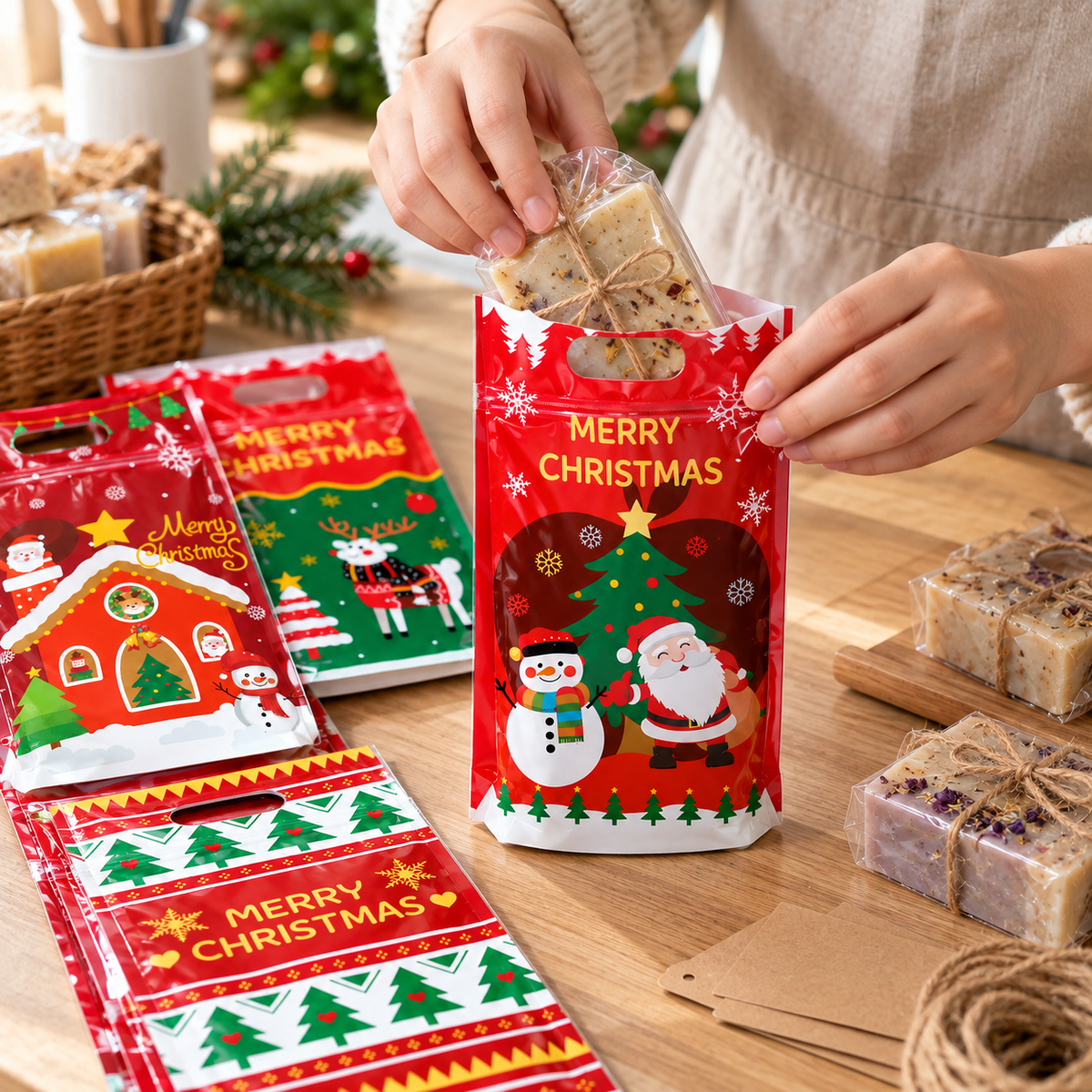Pungi de Crăciun cu mâner decupat și fermoar - mix 4 modele (set 50 buc) - CraftUp
