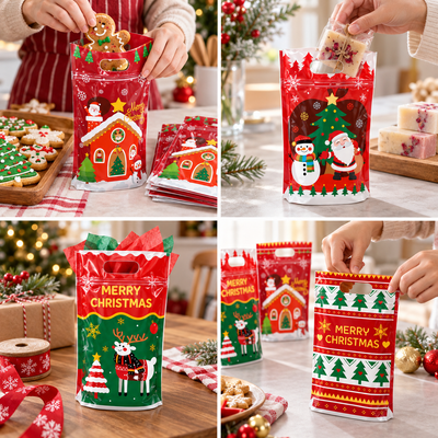 Pungi de Crăciun cu mâner decupat și fermoar - mix 4 modele (set 50 buc) - CraftUp
