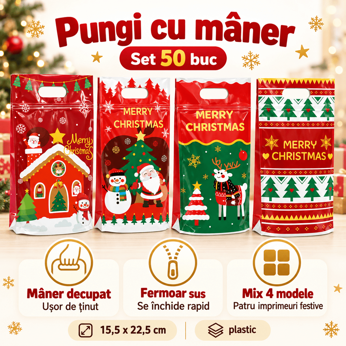 Pungi de Crăciun cu mâner decupat și fermoar - mix 4 modele (set 50 buc) - CraftUp