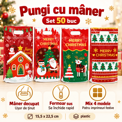 Pungi de Crăciun cu mâner decupat și fermoar - mix 4 modele (set 50 buc) - CraftUp