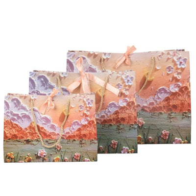 Pungi design pictură 3D cu mâner, fundă satinată și organza - portocaliu (set 12 buc) - CraftUp