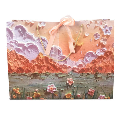 Pungi design pictură 3D cu mâner, fundă satinată și organza - portocaliu (set 12 buc) - CraftUp