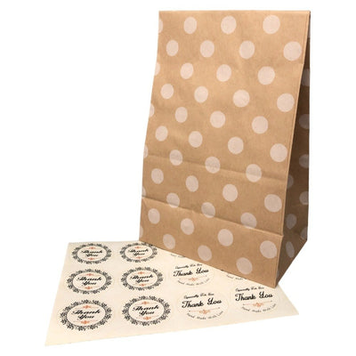 Pungi dreptunghiulare cu buline, sfoară, etichetă și sticker (set 30 buc) 24x13x8cm - CraftUp