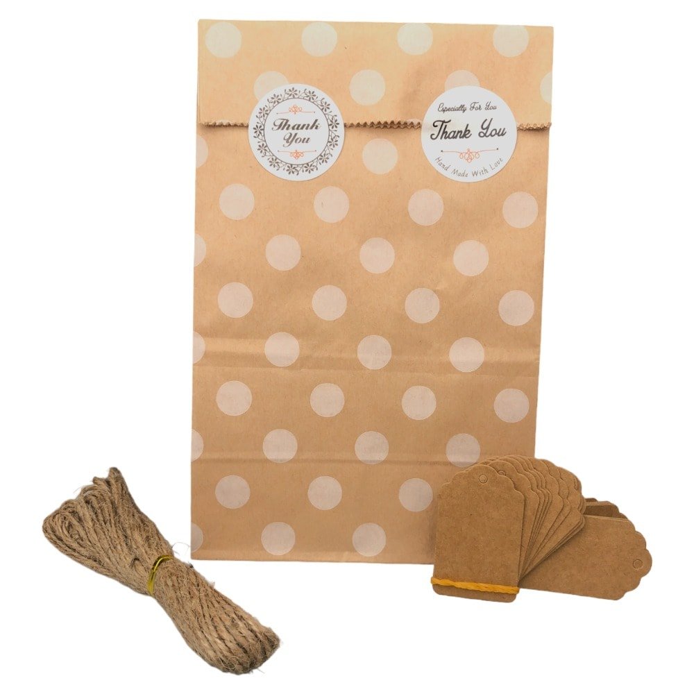 Pungi dreptunghiulare cu buline, sfoară, etichetă și sticker (set 30 buc) 24x13x8cm - CraftUp